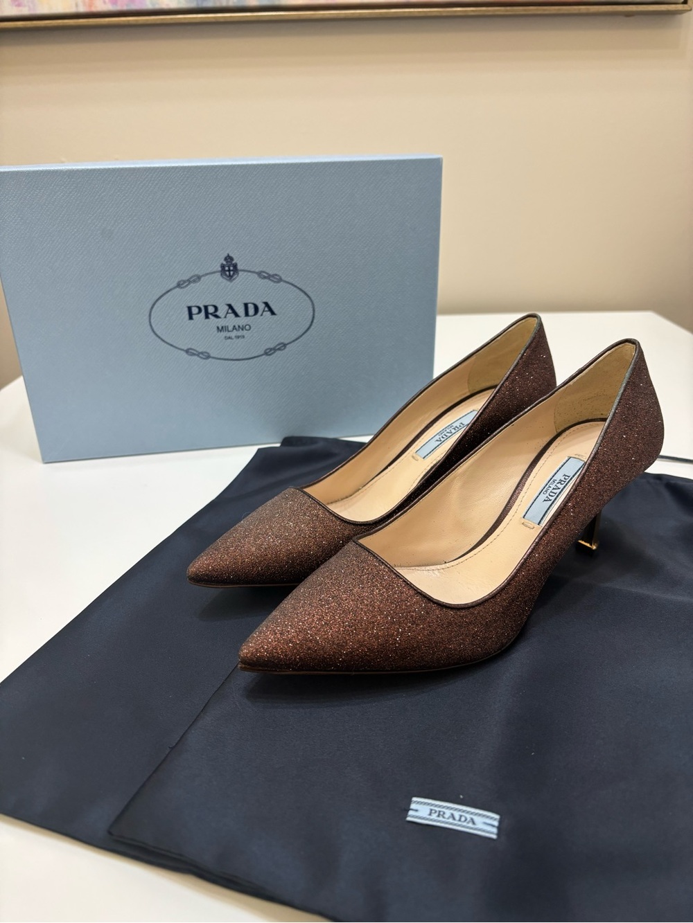 Prada Bronze Glitter Pointed Toe Kitten Heel Pumps Gold Heel 36.5 NWT